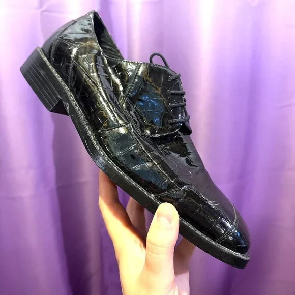 Roberto Chillini Mens Size 9.5 Black Ultra Faux Crocodile/Gator Embossed Oxfords - Picture 3 of 13